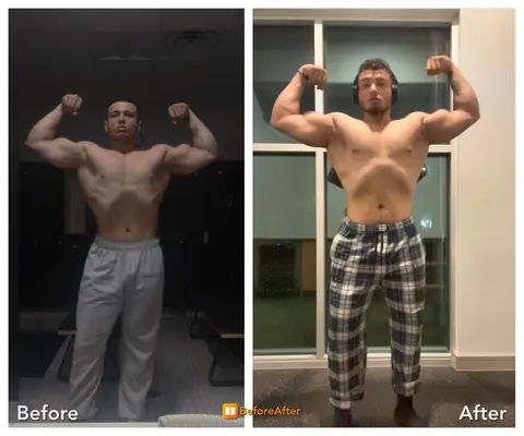 Andrew, before and after side by side: front double-biceps.
