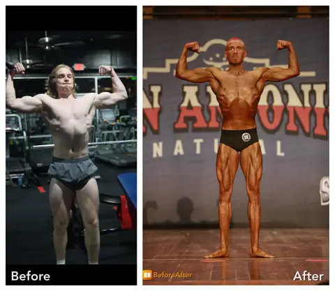 Asher, before and after side by side: front double-biceps, after shot on the San Antonio Natural stage.