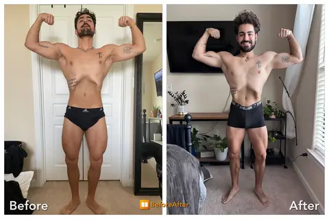 Berny, before and after side by side: front double-biceps.