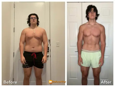 Conrad, before and after side by side: front relaxed pose.
