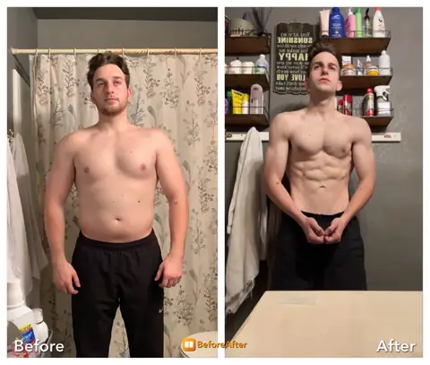 Jett, before and after side by side: front relaxed pose.