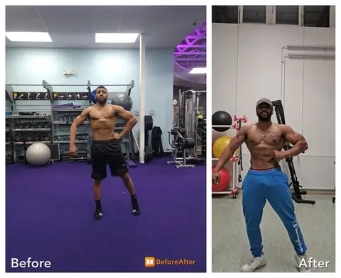 J Hayes, before and after side by side: front pose.